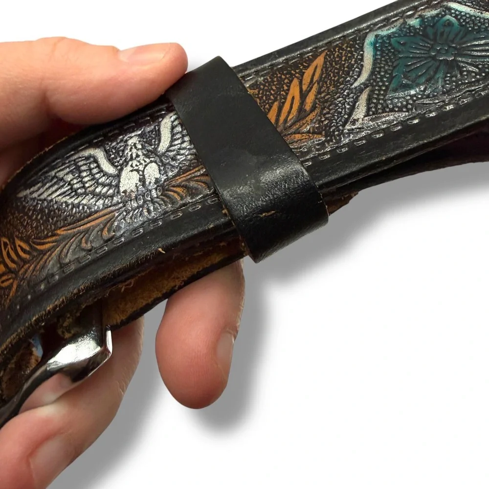 Vintage Tooled Leather Eagle Belt Full Grain Cowhide Western‎ Multi Color 5520